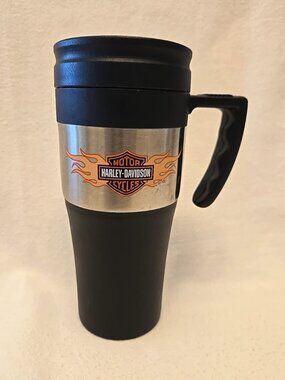 HARLEY-DAVIDSON Bar & Shield Logo w/Flames 12 oz Insulated Travel Mug w/Cap.